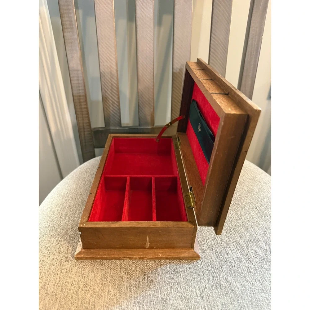 Vintage Japan Wooden Jewelry Box Red Velvet Lined Grid Carved Lid Mid Century